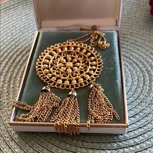 Gold Statement Necklace with Medallion and Tassels